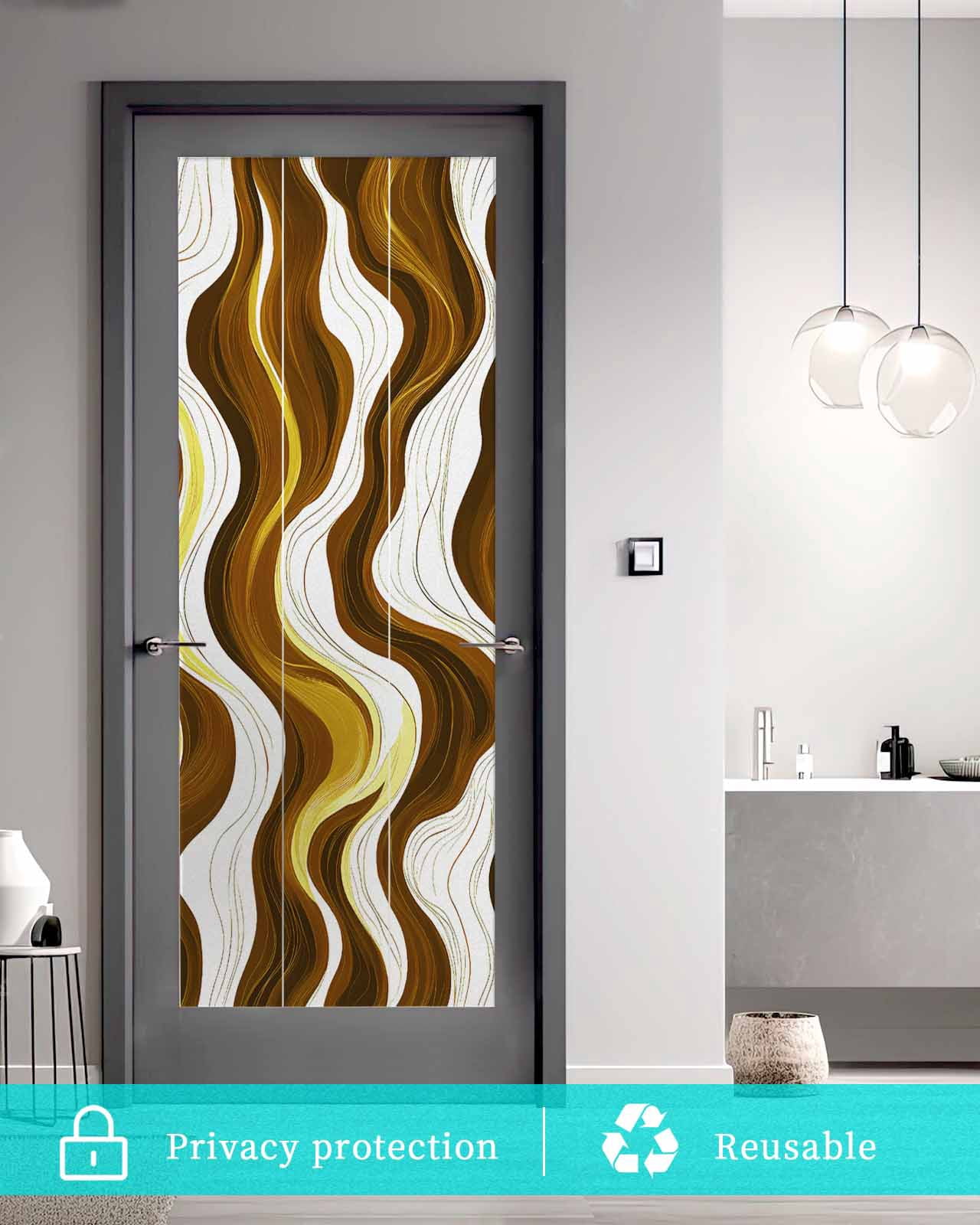 Window Privacy Film Brown Stripe Stained Glass Window Film Decorative Sun Block Window Cover Gold Geometric White Coastal Wave Modern Ocean Window Clings Static Sticker for Bathroom 35.4"x78.7"