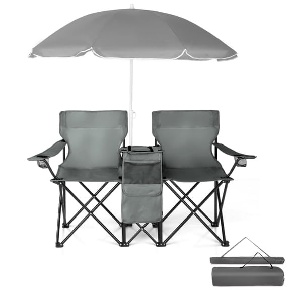 Portable 2-Seat Double Folding Chair with Removable Sun Umbrella, Heavy Duty Gray Camping Chair for Two, Modern Outdoor Picnic Chair for Sports, Beach and Backyard, Gray
