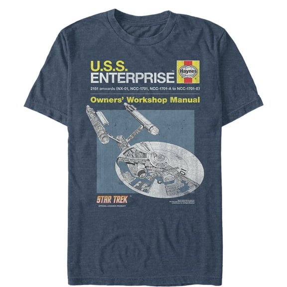 Men's Star Trek USS Enterprise Workshop Owners' Manual Graphic Tee Navy Blue Heather Large