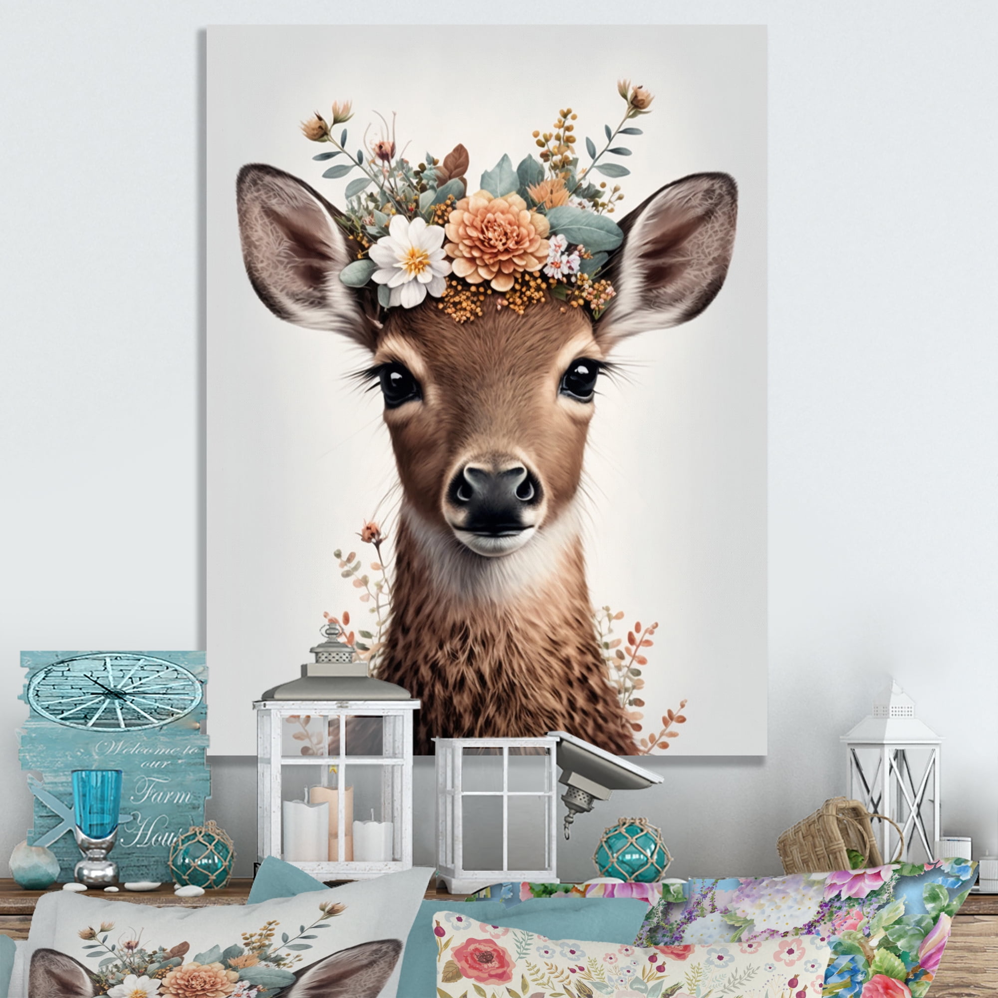 Designart Cute Baby Deer With Floral Crown III Canvas Wall Art