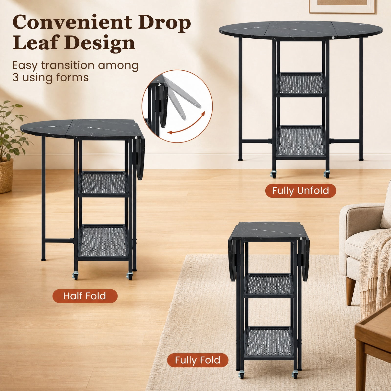 Furnibear Folding Round Dining Table with Lockable Wheels and 2 Storage Shelves and Sturdy Metal Frame for Small Spaces, Black