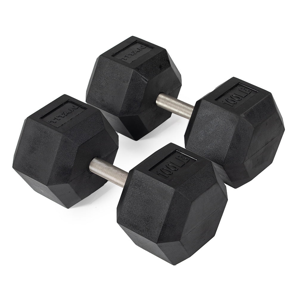 Titan Fitness 100 LB Pair Free Weights, Black Rubber Coated Hex Dumbbell, Straight Stainless Steel Handle, Strength Training, Full Body Workout