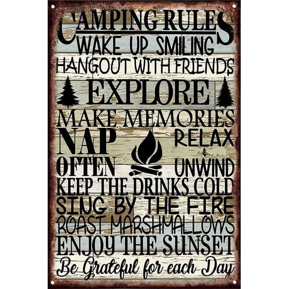 5.5x8 Inch Funny Camping Rules Metal Tin Sign Wall Decor Farmhouse Rustic Camping Signs With Sayings For Home Camper Room Decor Gifts For Women Wives Girlfriends Birthdays Housewarming Gifts