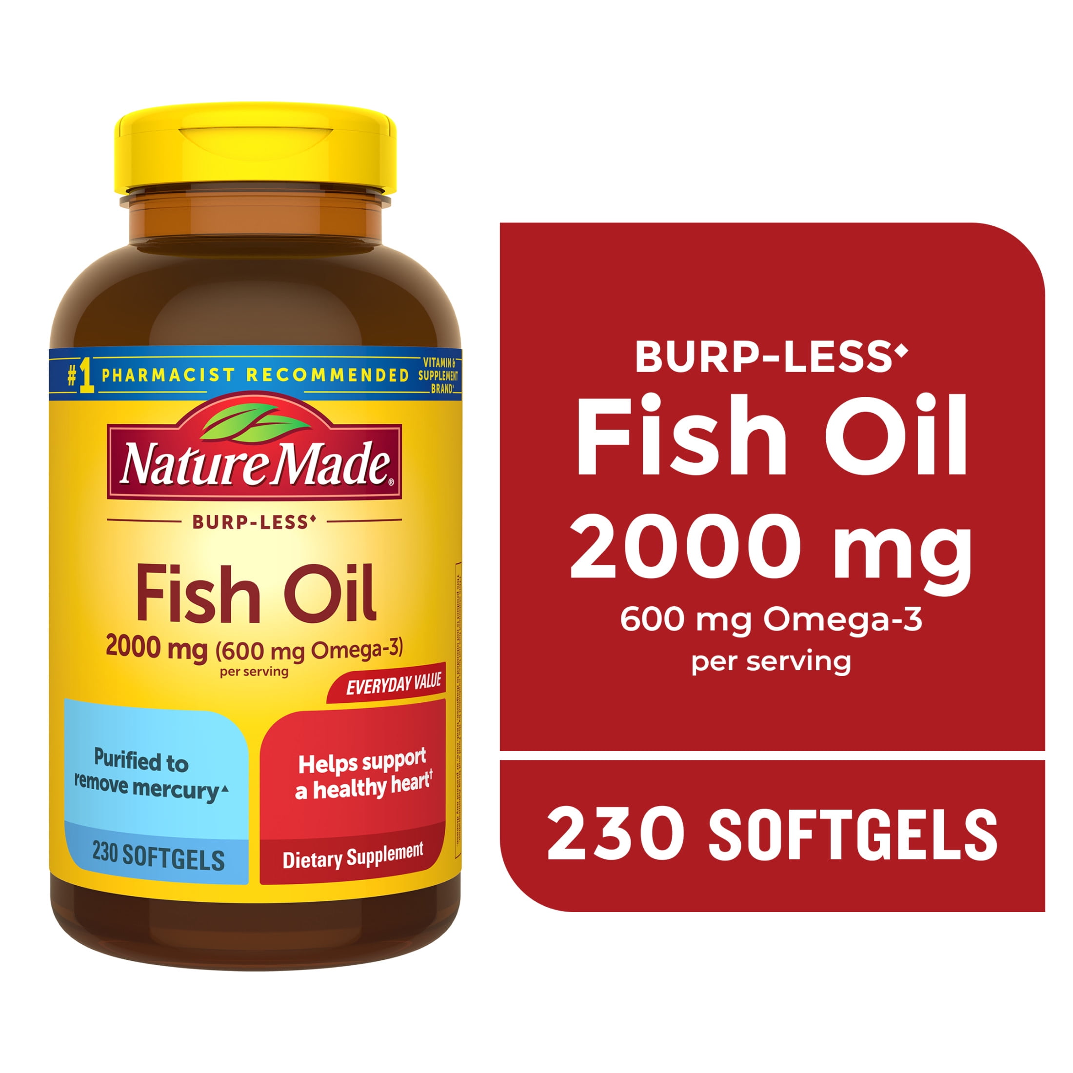 (3 pack) Nature Made Burp Less Fish Oil 2000 mg per Serving Softgels, Omega 3 Fish Oil Supplements, 230 Count