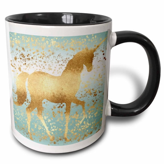 3drose, Image of Aqua Gold Stars Confetti Unicorn, 11oz Two-tone Black Mug