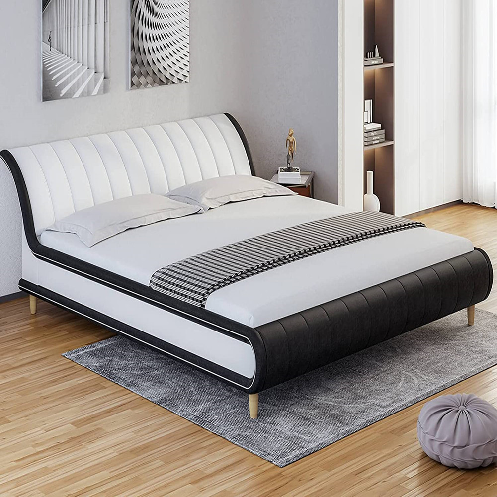 King Size Faux Leather Upholstered Platform Bed Frame, Modern Low