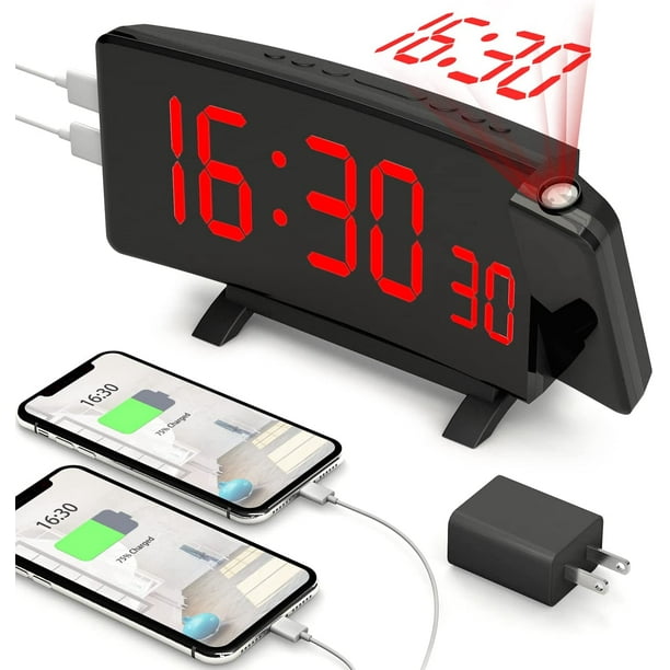 Radio-réveil à projection avec affichage rouge et port de chargement USB