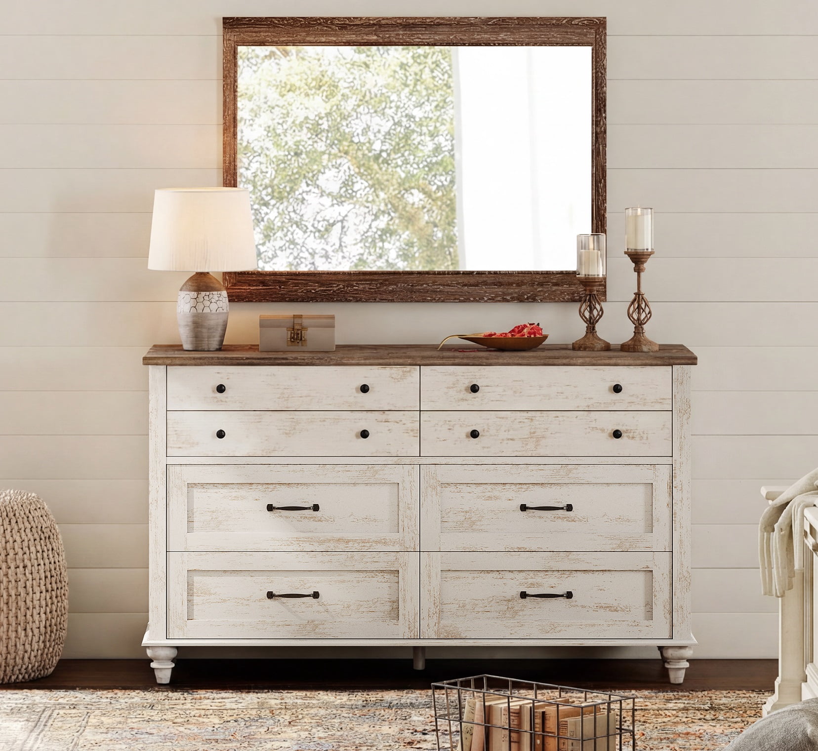 Mid Century Dresser with 8 Drawers, Wooden Kids Dresser for Kids Room Living Room, Antique White