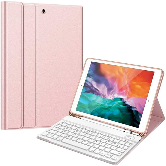 Timoom Keyboard Case for iPad 9th / 8th / 7th Generation (2021/2020/2019) 10.2 Inch, Soft TPU Back Stand Cover w/Pencil Holder, Magnetically Detachable Wireless Bluetooth Keyboard, Rose Gold