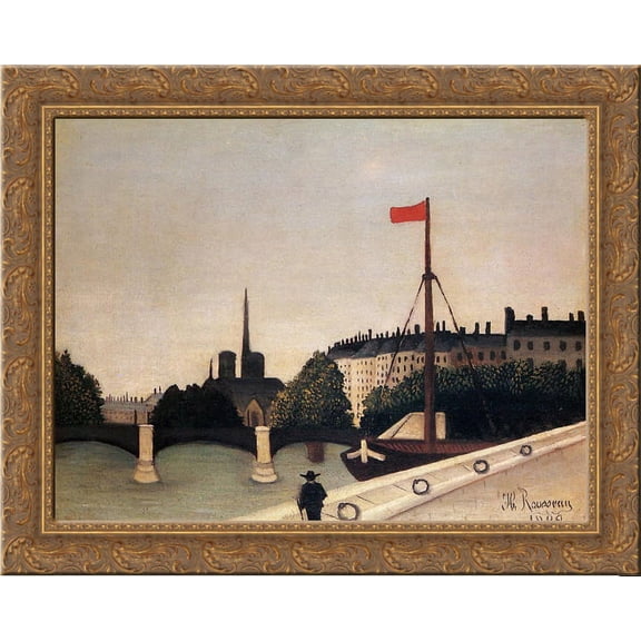 Notre Dame View of the Ile Saint Louis from the Quai Henri IV 24x20 Gold Ornate Wood Framed Canvas Art by Henri Rousseau