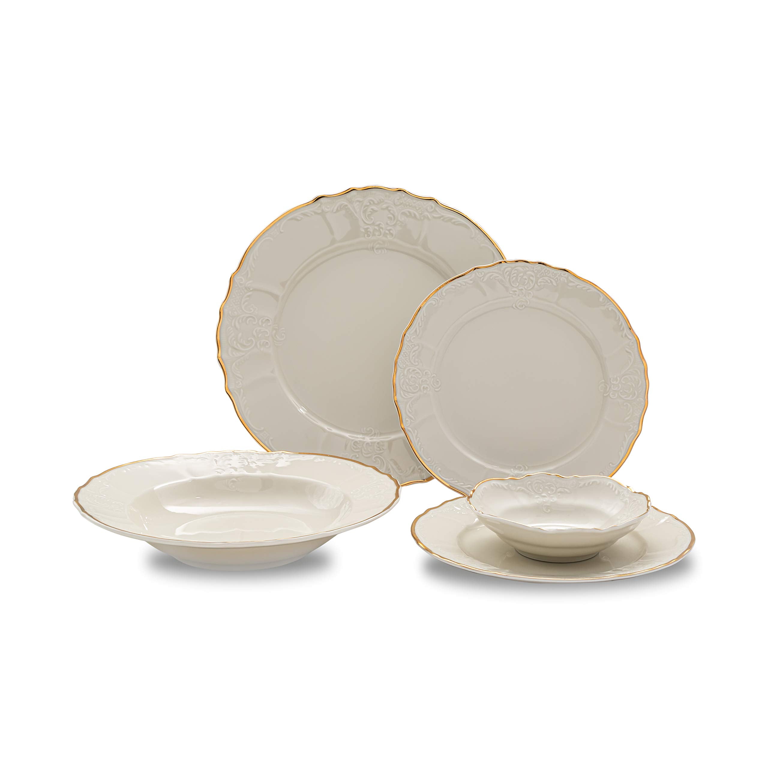 Ocean Décor China Dinnerware Set Set of Fine Porcelain Dishes   Service  for Four   Off White Dishes Set with Gold Rim for Entertaining and Formal  Use ...