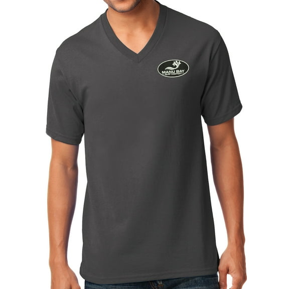 Manu Bay Surf Company LOGO Patch Men's V-neck Tee Shirt, Small Charcoal