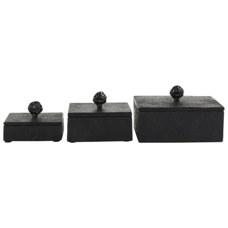 DecMode Black Marble Decorative Box with Silver Knobs, 3 Count
