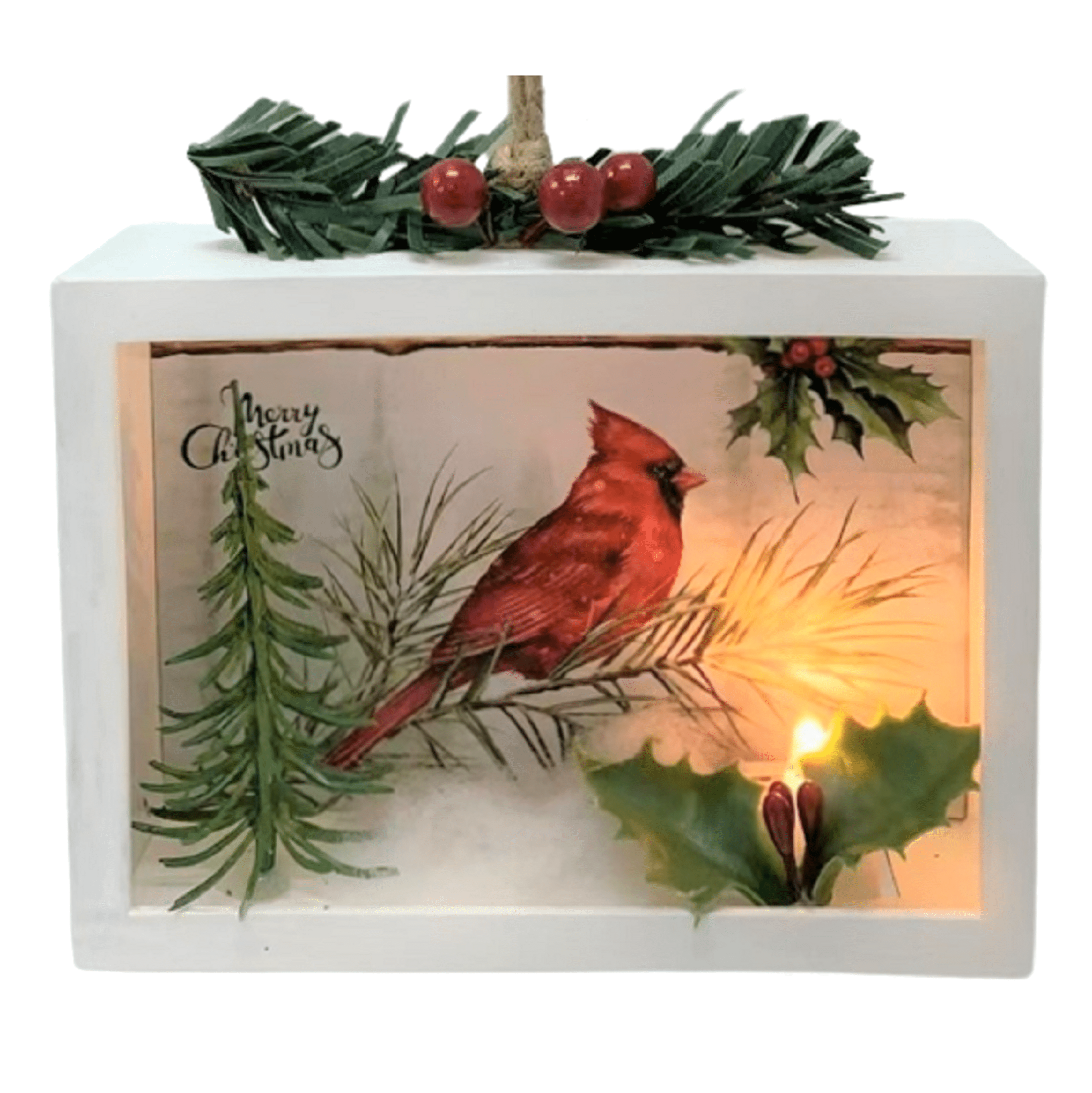 Holiday Time Light LED Shadow Box Ornament. Casual Traditional Theme. White & Red Color.