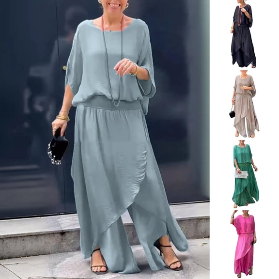 Joernso Women's Casual Two Piece Chiffon Set Plus Size Mother of Bride Dressy Suit Crew Neck Top Wide Leg Pant Flowy Wedding Guest Outfit