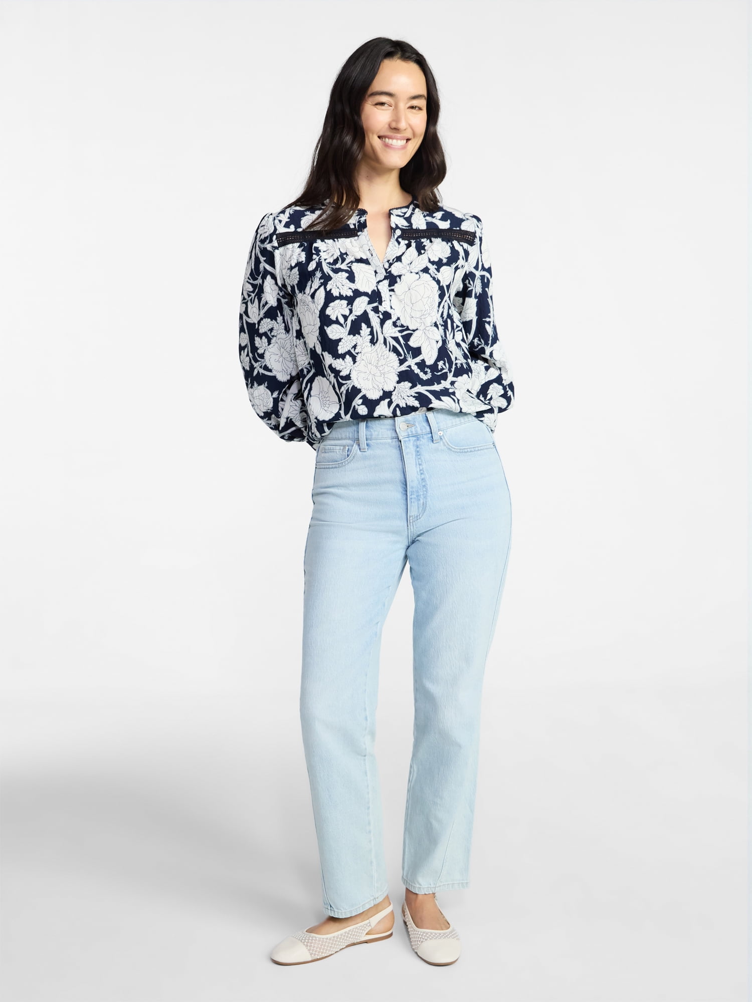 Time and Tru Women's Lace Yoke Shirt with Long Sleeves Sizes XS-XXXL