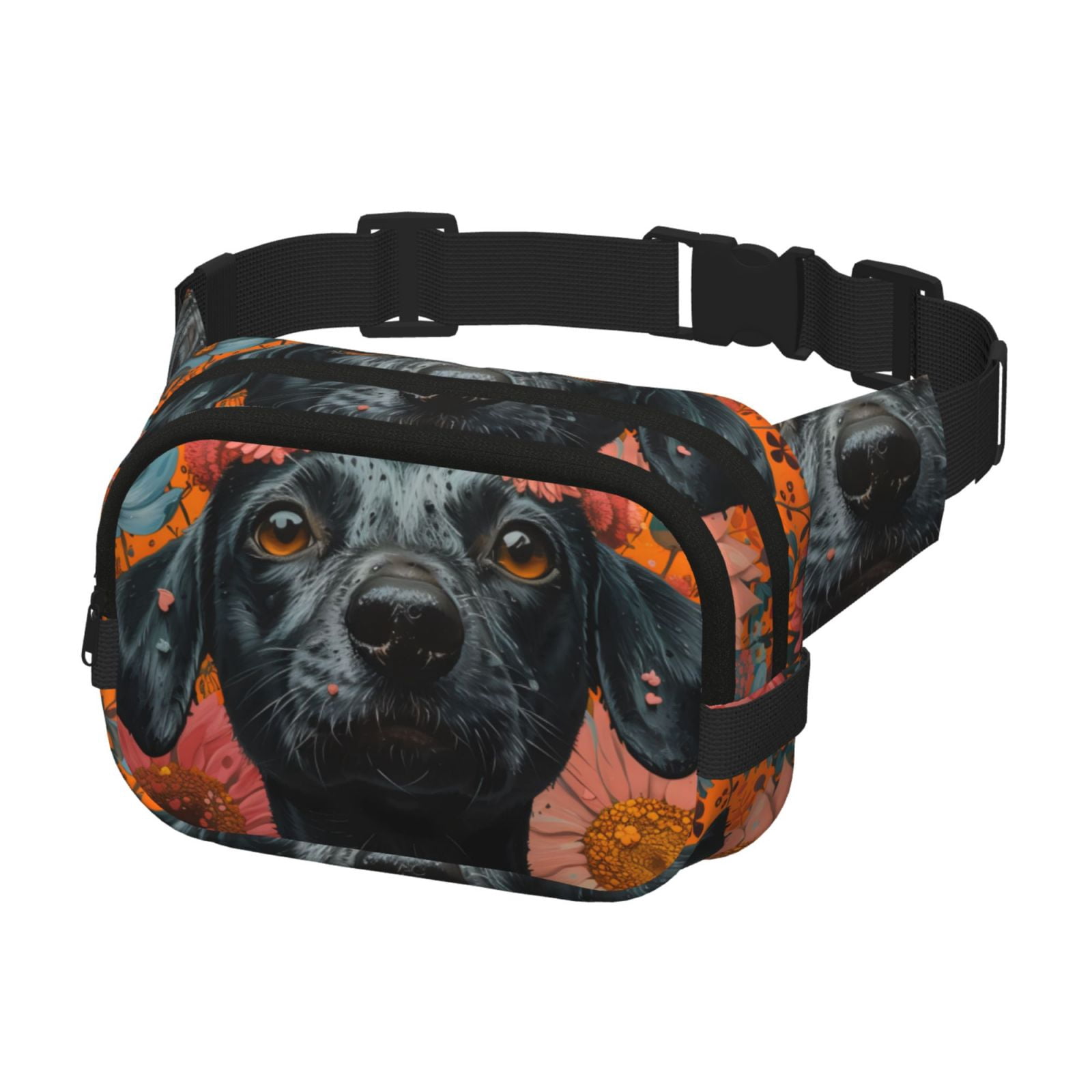 Picia Sunflower Black Dog Print Square Double-Layer Waist Bag Mini Adjustable Waist Belt Bag Exercise Running Travel Hiking