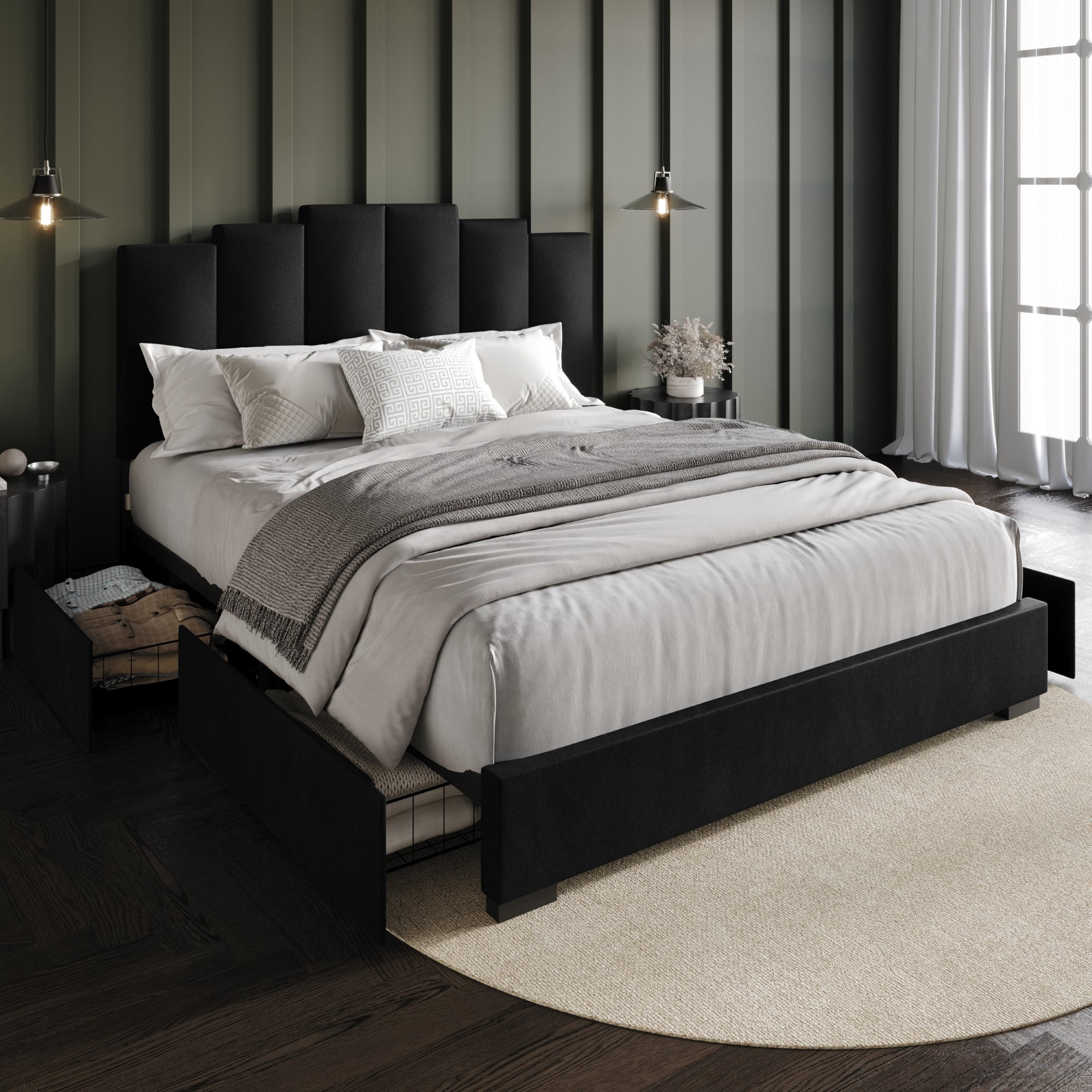 Home Design Yuma King Upholstered Storage Platform Bed Frame with Stepped Headboard Design and Four Under-Drawers, Black, Easy Assembly