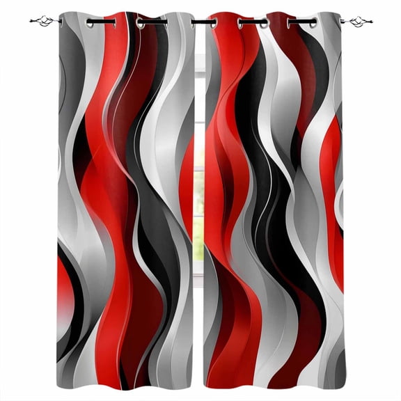 Red Black Grey Blackout Curtains 63 Inches Long for Bedroom, Geometric Moire Artwork Modern Abstract Thermal Insulated Room Darkening Black Out Window Curtain Panels Grommet Drapes for Living Room