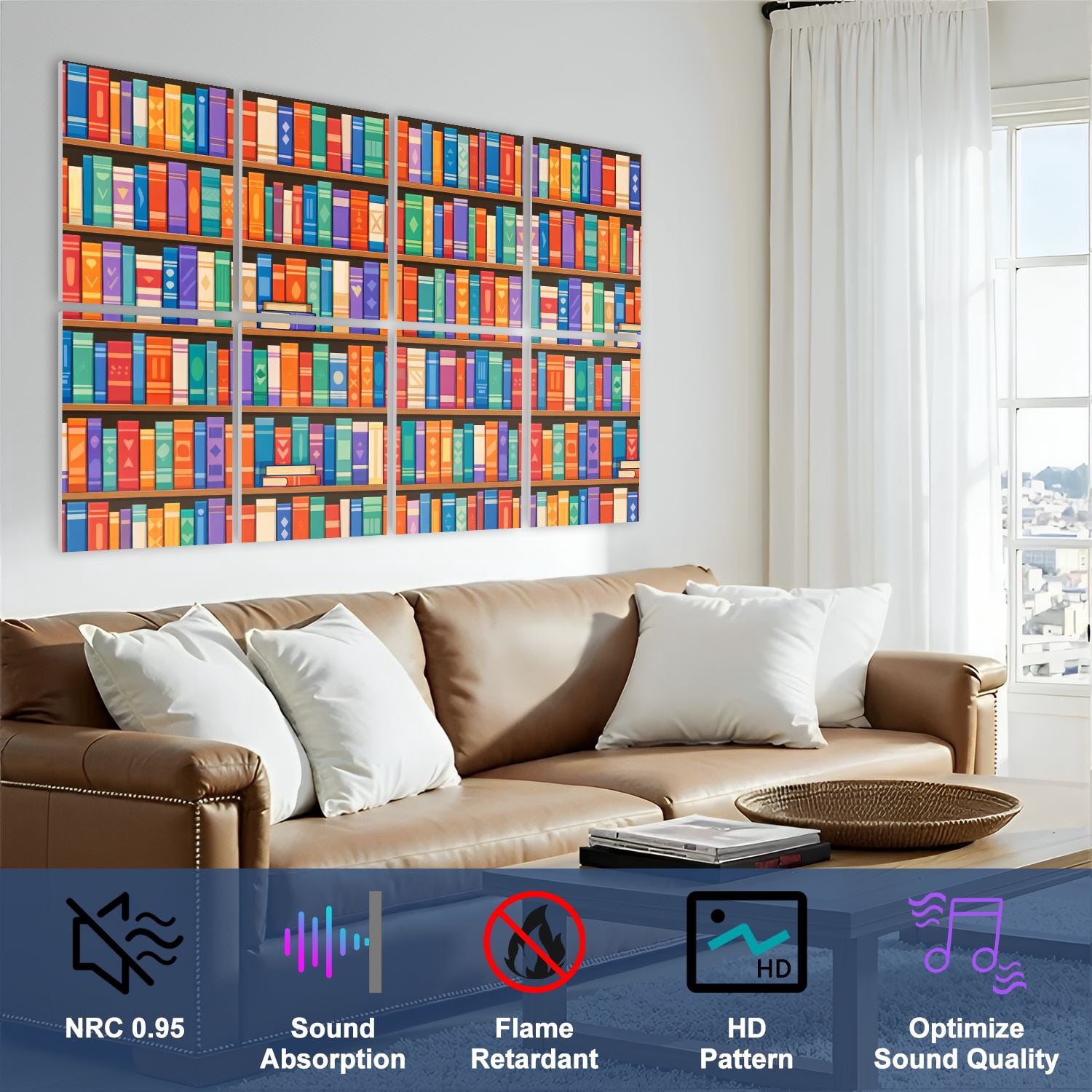 Classroom 8 Pack Art Acoustic Panels Sound Absorbing Colorful Bookshelf Vibrant Book Covers Row Decorative Soundproof Wall Panels Self Adhesive for Nursery Kids Game Room 48"x32"