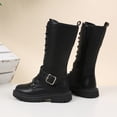 thumbnail image 4 of Girls Leather Riding Knee High Boots with Side Zipper Fashion Round Toe Comfortable Low Heel Lace Up Combat Boots Lug Sole Motorcycle Boots Little Kid/Big Kid, 4 of 5