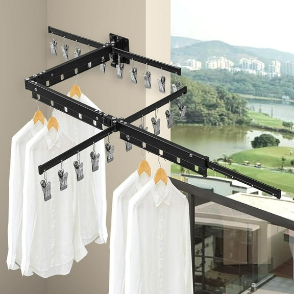 Tri-Fold Foldable Clothes Drying Rack Retractable Hanging Collapsible Dryer Hanger Racks for Laundry Balcony Bathroom Space Saver Outdoor Indoor 20 Clips Aluminum Alloy Wall Mounted Matte Black