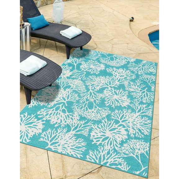 Unique Loom Outdoor Coastal Collection Area Rug - Coral (5' 3" x 8' Rectangle Teal/Ivory)