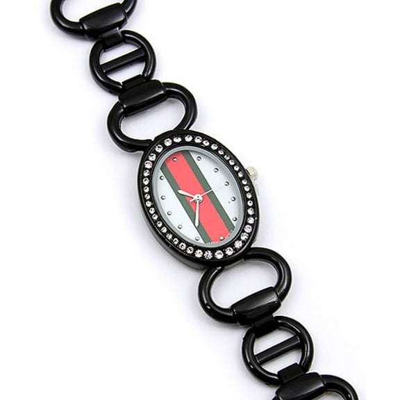 Red & Green Striped Design Face Quartz Lady Watch - Black Metal Link Strap Band - WT-L3070BK