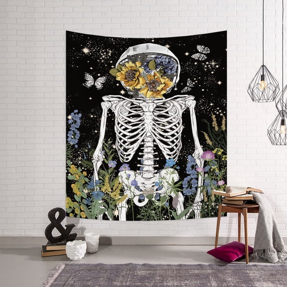 Skull Tapestry Vertical,Floral Garden Aesthetic Tapestries,Skeleton Tapestry Wall Hanging for Bedroom Living Room Dorm,50Wx60H