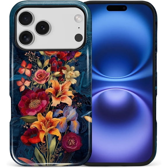 Case for iPhone 17 Pro, 2 in 1 PC Hard Shell & Silicone Inner Bumper, Anti-Scratch Full-Body Cover Shockproof Slim Design- Noble Elegant Flowers