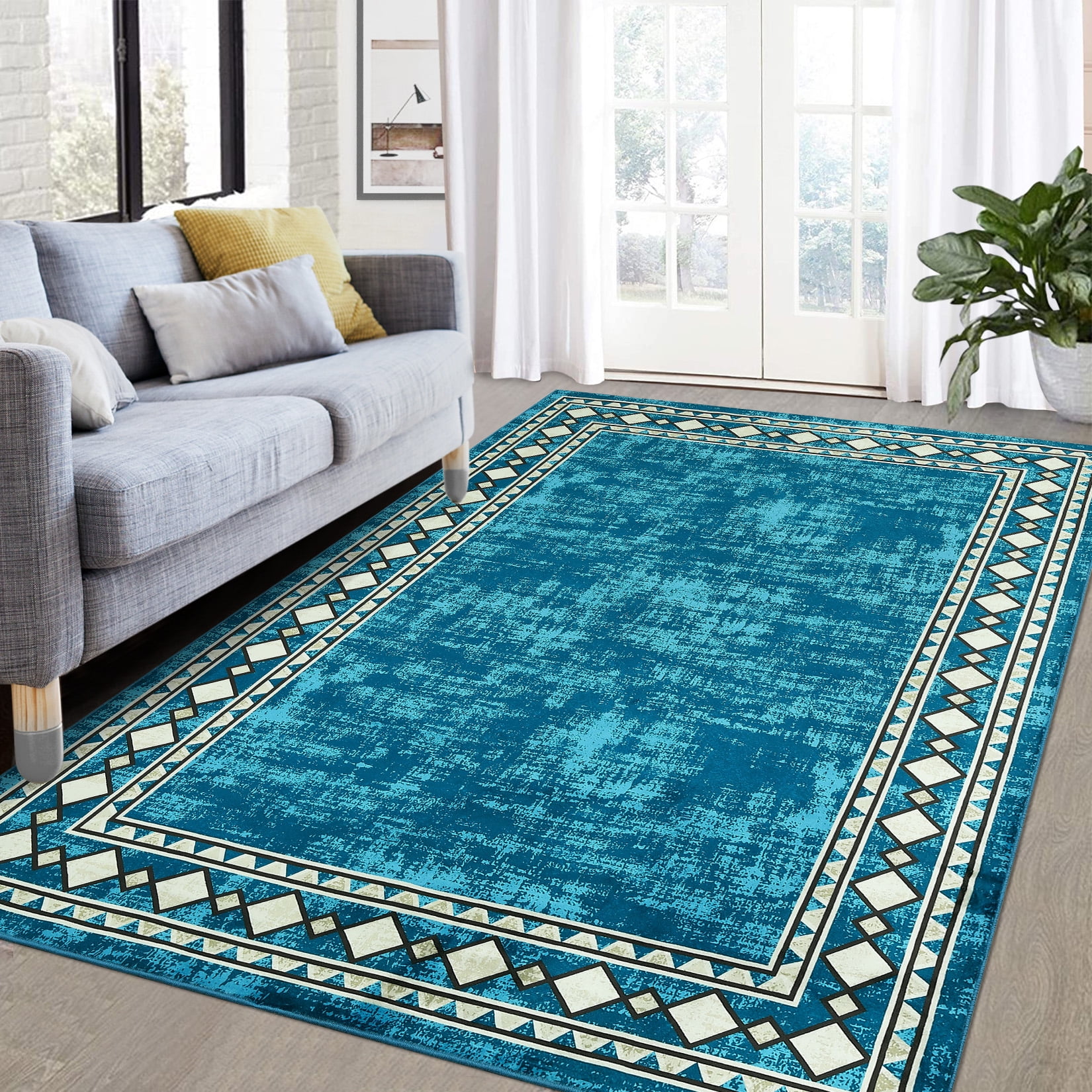 Garvee 4'x6' Geometric Bordered Area Rugs Contemporary Rugs for Living Room, Non-Slip Washable Rugs Soft Throw Rugs Low-Pile Stain Resistant Carpet for Bedroom Dining Room Farmhouse, Blue Green