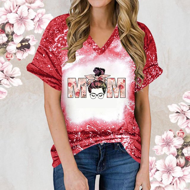 Fiudx Ofertas Relámpago Top de Manga Corta con Estampado Degradado para Mujer, Top Sexy de Verano con Cuello En V y Estampado Regular para El Día Del Mes