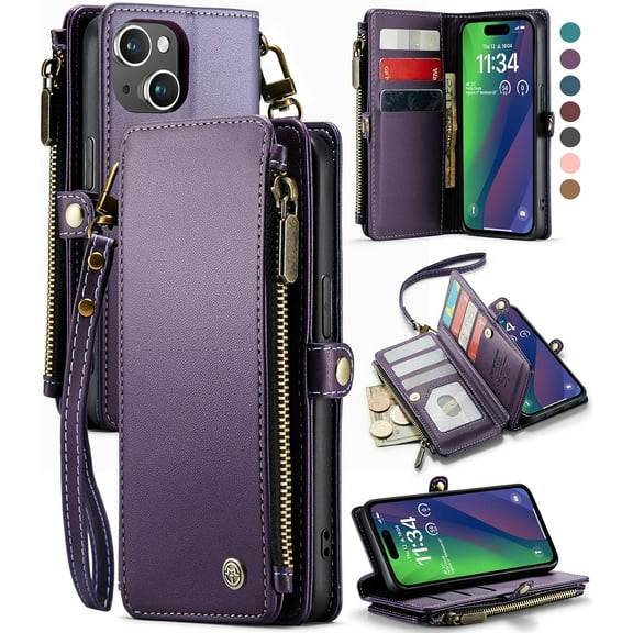 for iPhone 15 Plus Case,【RFID Blocking】for iPhone 15 Plus Wallet Case for Women Men with 9 Credit Card Holder Zipper PU Leather Protective Cover for iPhone 15 Plus Phone Case, Fashion Purple