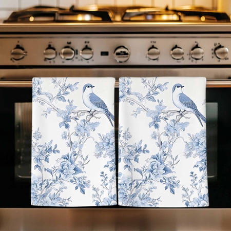 Blue White Flowers Kitchen Towels Set of 4 Spring Summer Floral Botanical Absorbent Dish Towels for Kitchen Microfiber Hand Towel Quick Drying Tea Towel for Cleaning Decorative Dishcloths