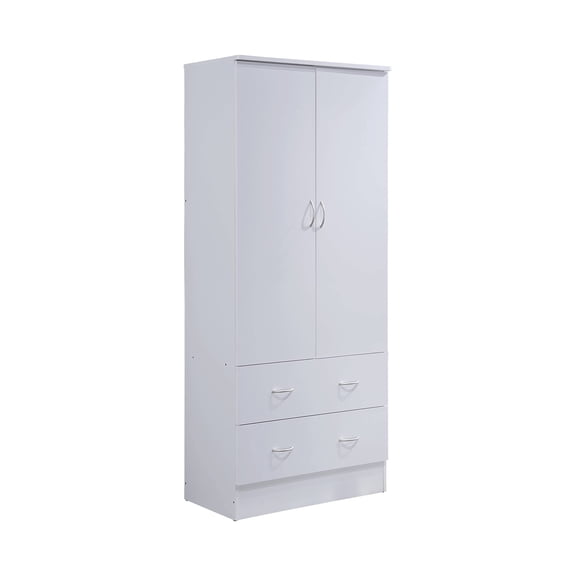 White Two-Door Wardrobe With Hanging Rod And Two Drawers For Bedroom Storage