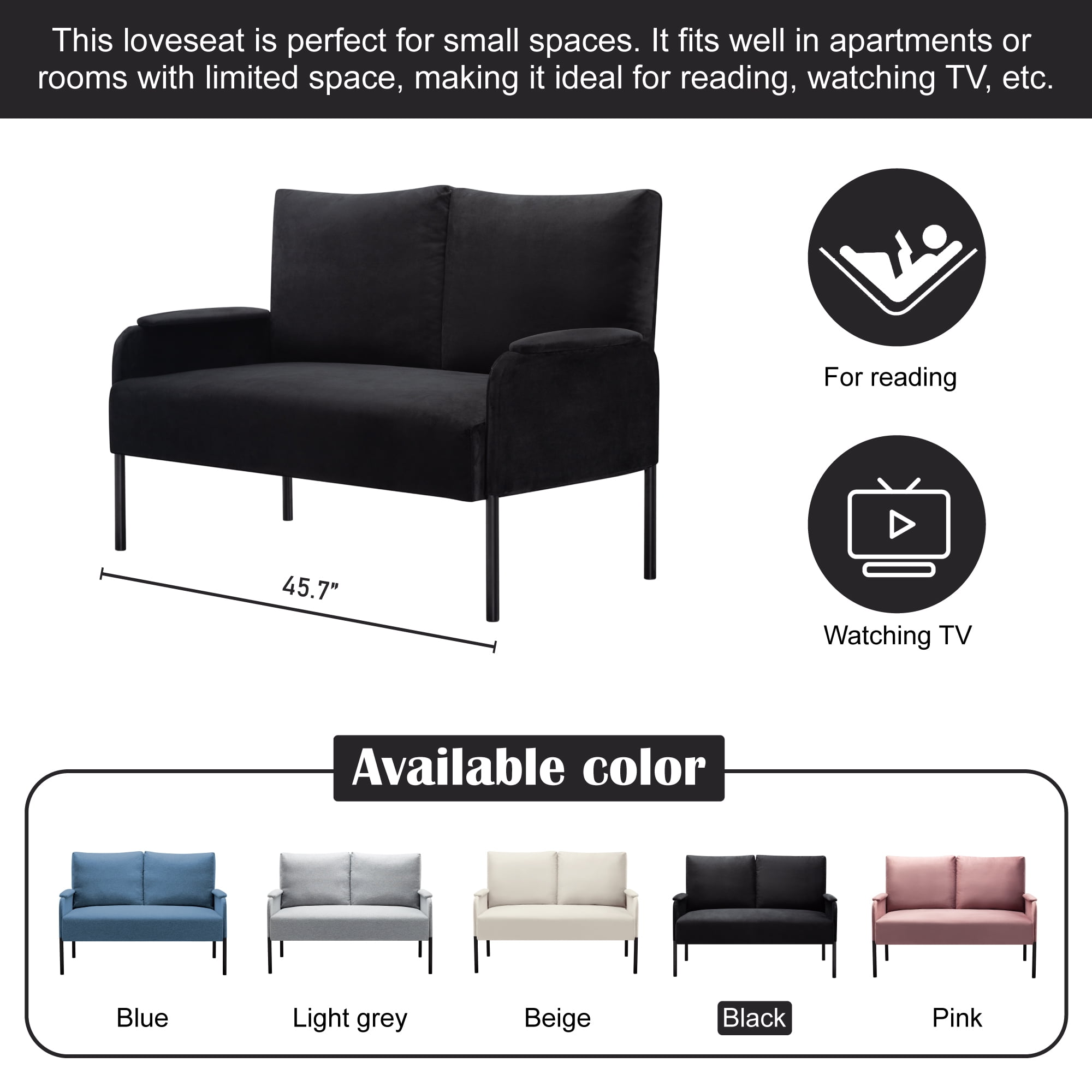 Gewnee 45.7”Loveseat Couch for Small Spaces,Mid-Century Modern 2-Seater Sofa with Metal Frame & Black Legs,Removable Washable Back Cushion Cover,Easy Assembly.Black