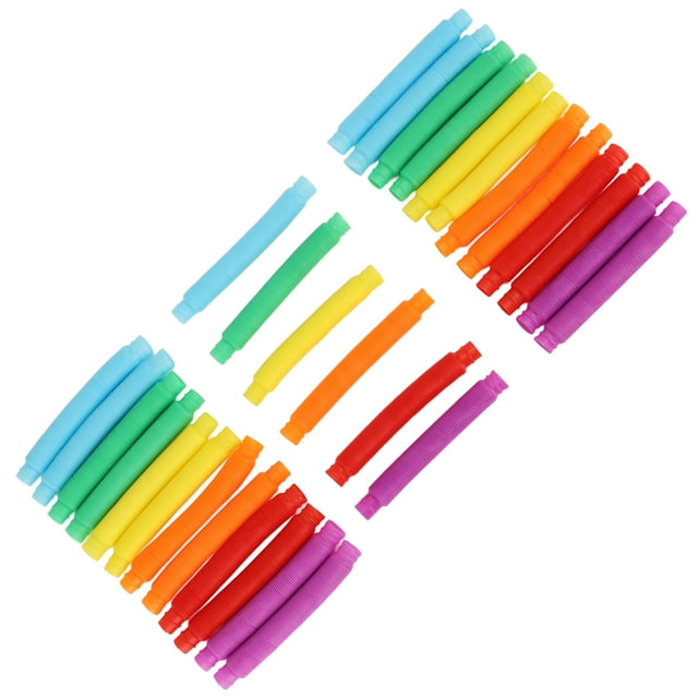 Pop Tubes, 6 Colors Reduce Stress Pop Tube Toy Bendable for Entertainment. A set of 30 colorful plastic pop tubes in yellow, orange, blue, purple, green, and red, arranged neatly. These stretchable and bendable novelty toy tubes produce a special sound when squeezed or stretched, ideal for improving motor skills and creating various shapes like letters and circles.