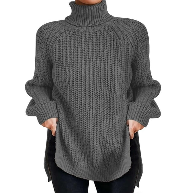 GDREDA Chandail Tendance à Col Roulé pour Femmes Ourlet Fendu Manches Longues chandail Habillé Décontracté Travail Gris,G