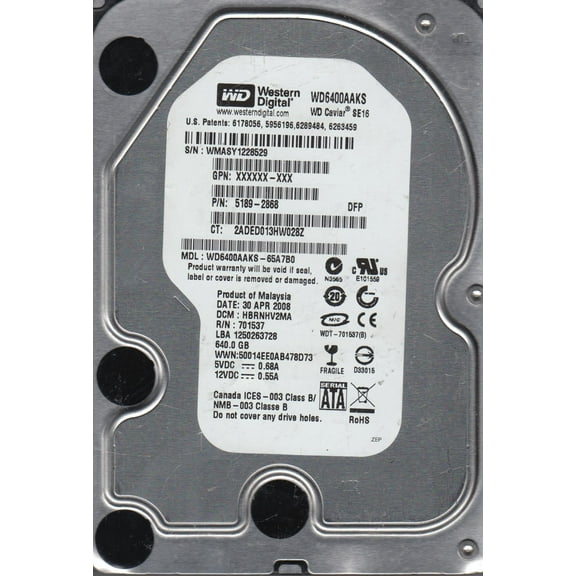 WD6400AAKS-65A7B0, DCM HBRNHV2MA, Western Digital 640GB SATA 3.5 Hard Drive