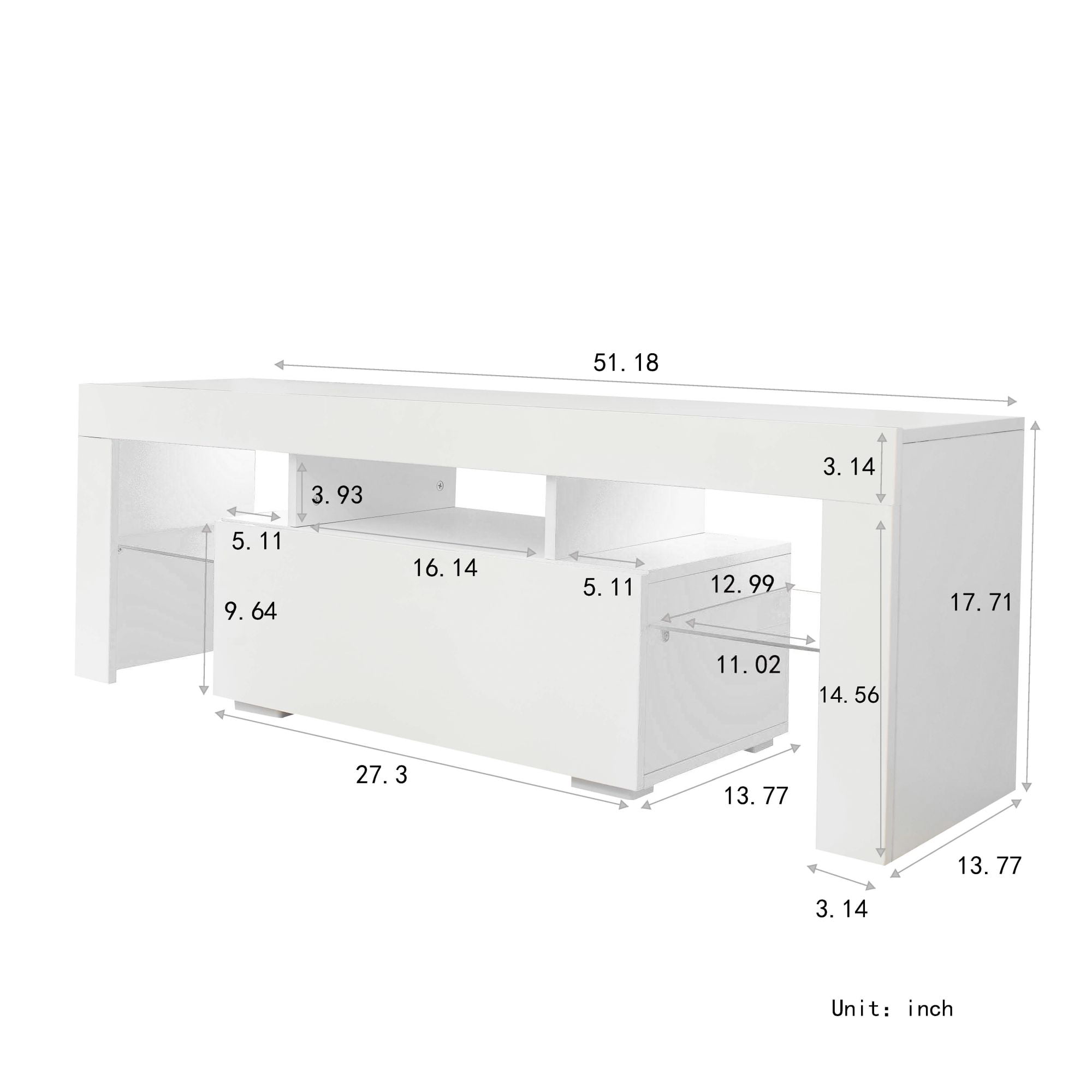 DEALTOPS Modern Simple TV Stand with LED RGB Lights and Open Glass Shelves, Stylish TV Cabinet with 1 Storage Drawer for TVs up to 55'' - White