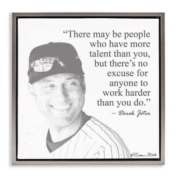 Stupell Industries Work Hard Derek Jeter Quote Inspirational Painting Gray Floater Framed Canvas Art Print Wall Art, 25 x 25