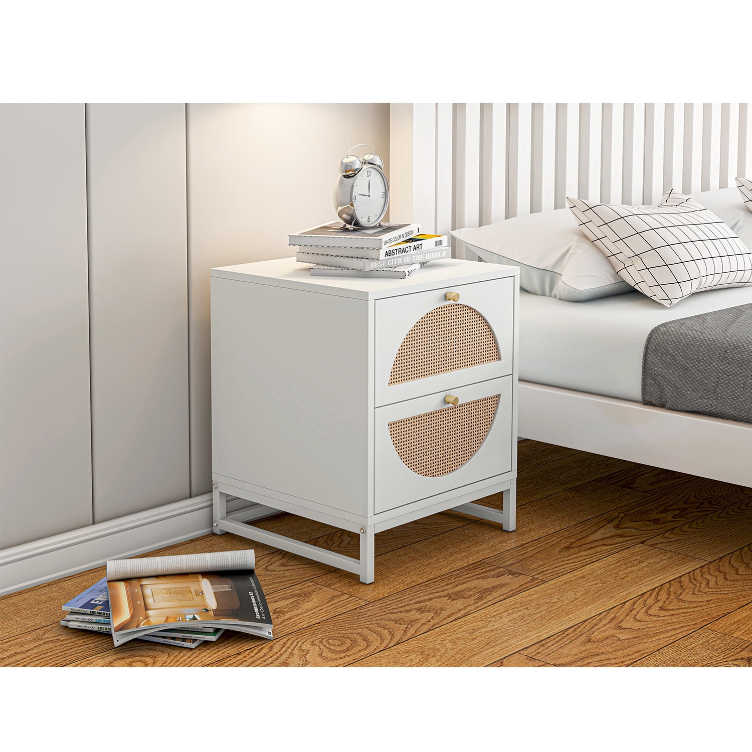 Kadyn Bedside Table, Modern Nightstand Side Table with 2 Drawers, Particle Board Bedside End Table for Bedroom, White