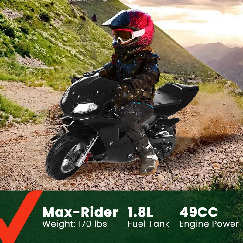 Seipouy Mini Motorcycle, 49cc 2 Stroke Pocket Bike, Gas Motorbike, Racing Max Speed 20Mph, Dual Headlights 1.25L Gas Tank, Max Load 170lbs, for Kids