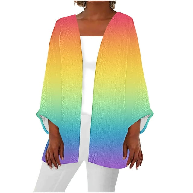 AherBiu Cardigan Léger pour Femmes Manches 3/4 en Lin Ouvert devant Automne Décontracté