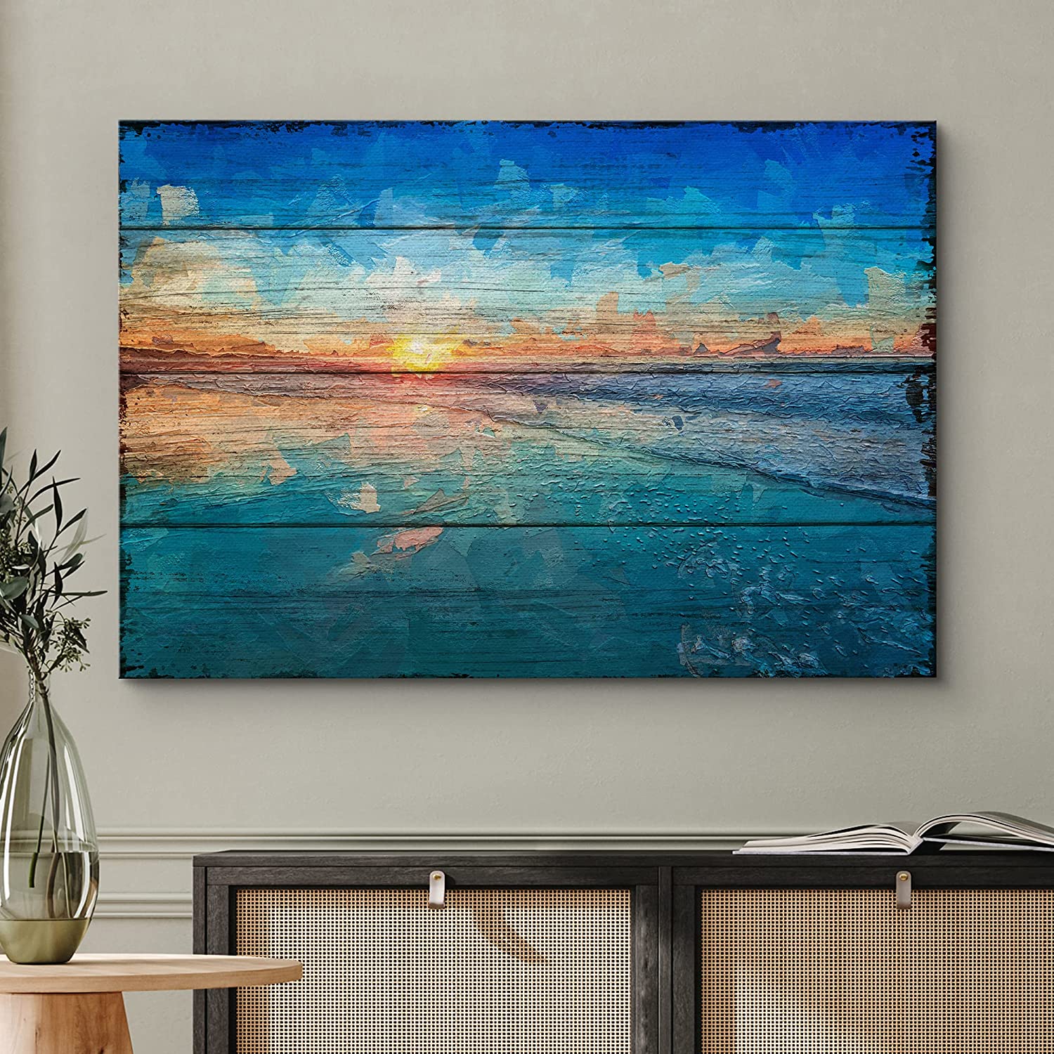 Canvas Print Wall Art High Contrast Gradient Blue  Orange Shore Nature  Wilderness Wood Panels Watercolor Rustic Scenic Colorful Multicolor Cool Zen  for Living Room, Bedroom, Office 16