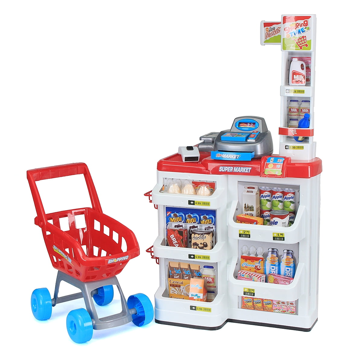 Children Supermarket Superstore Shop Toys with Light & Sound & Cash Scanner & Accessories Include Kusou Kids Role Play Supermarket Set 44pcs Shopping Cart Stall Toy for Todder Aged 3 