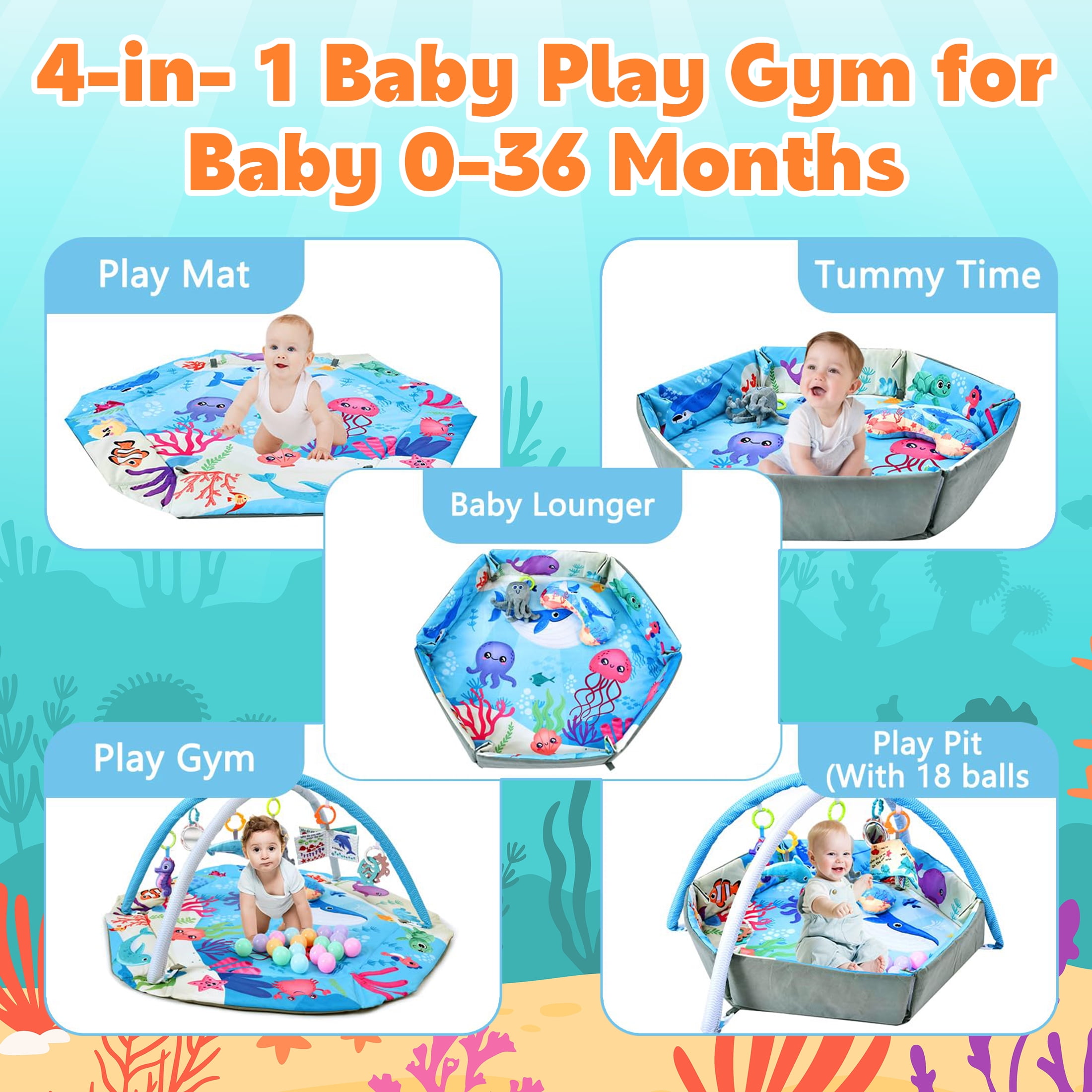 KOPPOP 4-in-1 Baby Play Gym & Activity Mat with Ball Pit, Safe for Tummy Time & Play Blue