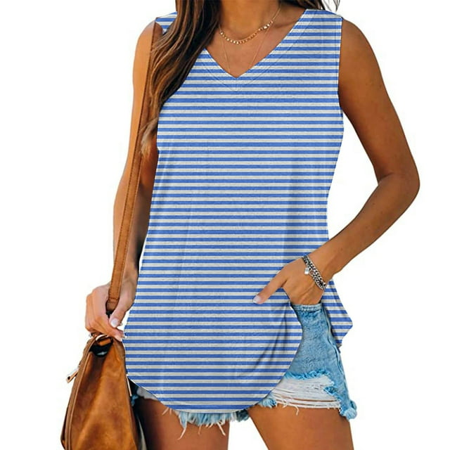 SwiftWear Womens Summer Striped Tank Tops Basic Tanks V Neck Sleeveless Long T Shirts Side Split Loose Going Out Blouse