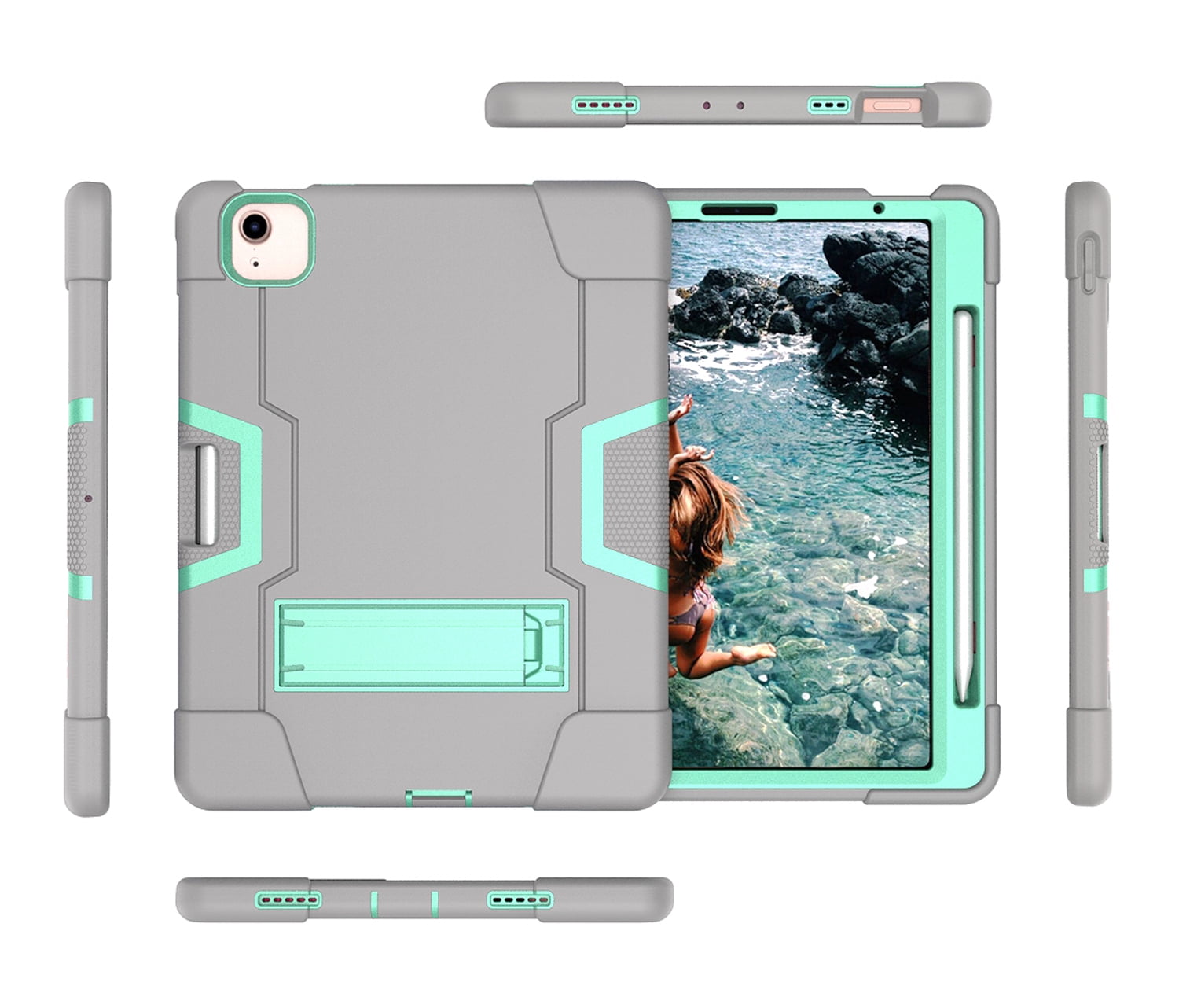 Allytech iPad Air 5 Case 2022, iPad Air 4 Case 2020, Heavy Duty Protection Shockproof Build In Kickstand Pencil Holder Kids Friendly Case for Apple iPad Air 5th 4th Generation, BlackGray/Aqua
