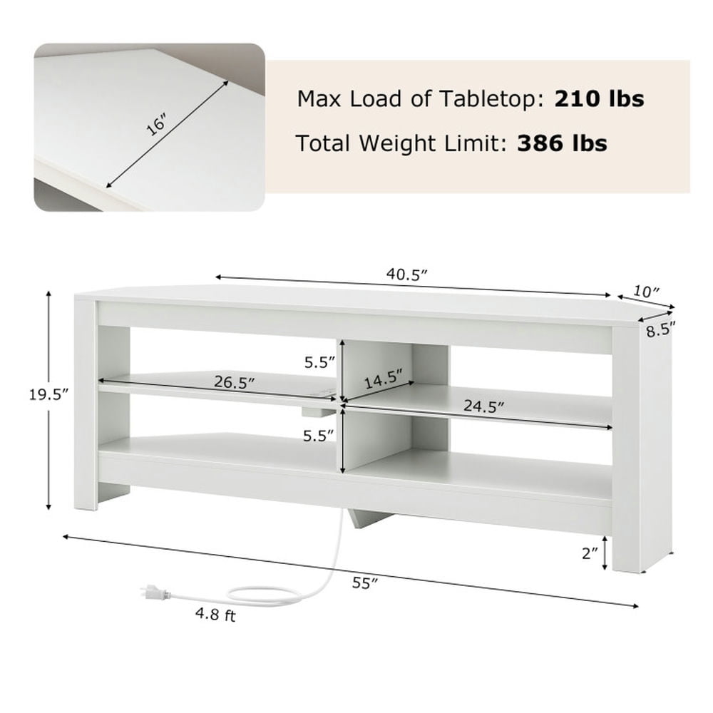 Finihen TV Stand, Entertainment Center, Corner TV Stand with Power Outlet and 4 Open Storage Shelves, for Living Room, White